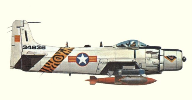 Vue d'un Skyraider A-1H (origine : Fighters, encyclopaedia of world aircraft - Kenneth Munson)