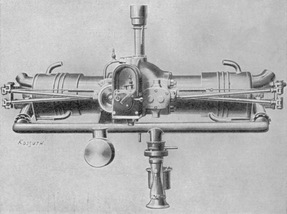 Vue d'un moteur Clément-Bayard bicylindre (photo : Gallica - Les Aéroplanes de 1911 - Raymond de Gaston)