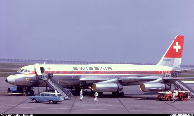 Vue d'un Convair 990-30-A6 de la compagnie Swissair (photo : Mel Lawrence)