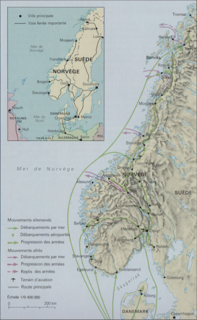 Carte de l'invasion du Danemark et de la Norvège (origine : La Seconde Guerre mondiale 1939-1945)