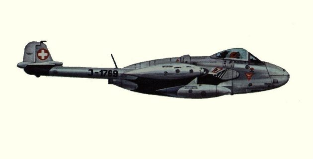 Vue d'un Venom F.B. 50 de la Schweizerische Flugwaffe (origine : Fighters, encyclopaedia of world aircraft - Kenneth Munson)