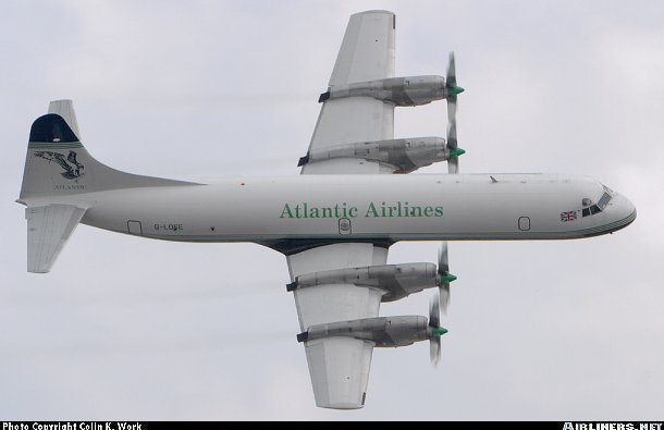 Vue d'un L-188C de la compagnie Atlantic Airlines, Coventry 2003 (photo : Colin K. Work)