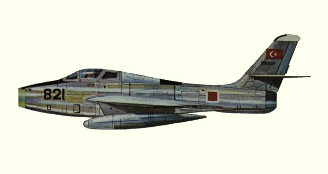 Vue d'un F-84F Thunderstreak (origine : Fighters, encyclopaedia of world aircraft - Kenneth Munson)