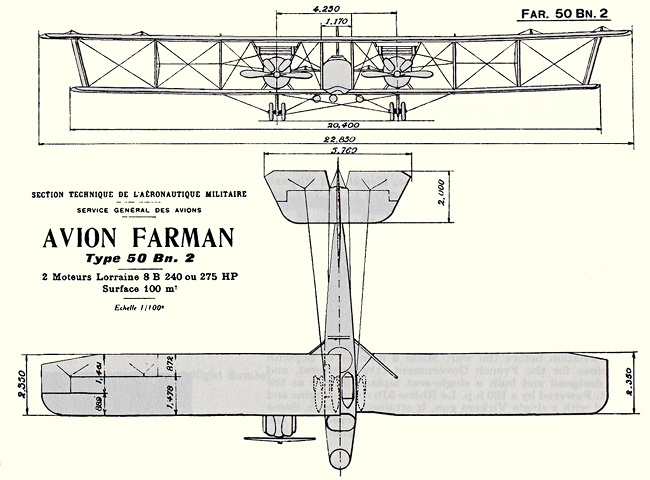 Plans d'un Farman F.50 (plan d'origine : Jane's fighting aircraft of World War I John W.R. Taylor)