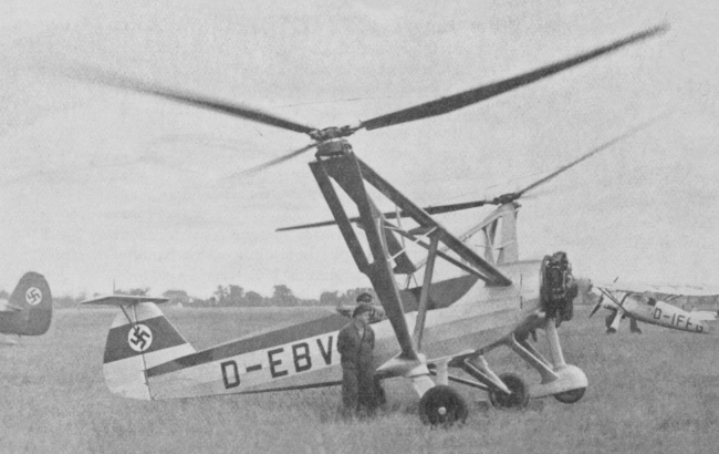 Vue d'un Focke-Wulf Fw 61 (origine : Gallica - l'Aéronautique, Paris, août 1938)
