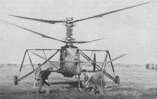 Vue d'un hélicoptère Breguet Gyroplane  Laboratoire (photo : Gallica - Pionniers Vieilles Tiges, avril 1965)