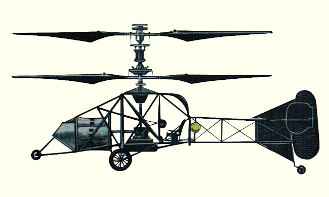 Vue d'un hélicoptère Breguet-Dorand Gyroplane Laboratoire (origine : Helicopters and other Rotorcraft since 1907 - Kenneth Munson)