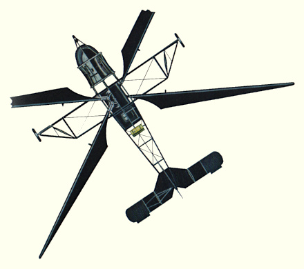 Plan d'un hélicoptère Breguet-Dorand Gyroplane Laboratoire (origine : Helicopters and other Rotorcraft since 1907 - Kenneth Munson)