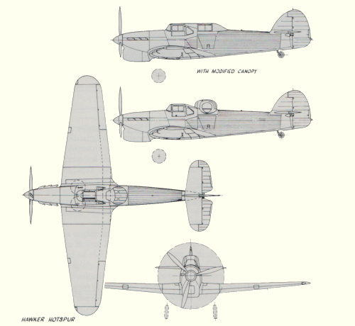 Plans d'un chasseur Hawker Hotspur (origine : The British Fighters since 1912 - Peter Lewis)