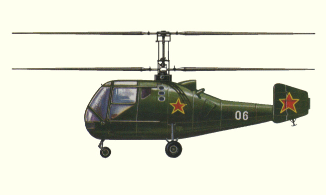 Vue d'un hélicoptère Ka-15 (origine : Helicopters and other Rotorcraft since 1907 - Kenneth Munson)