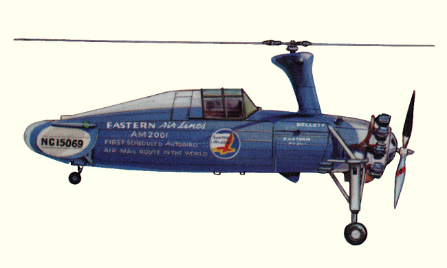 Vue d'un autogire Kellett KD-1 (origine : Helicopters and other Rotorcraft since 1907 - Kenneth Munson)