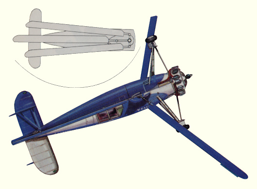 Plan d'un autogire Kellett KD-1 (origine : Helicopters and other Rotorcraft since 1907 - Kenneth Munson)