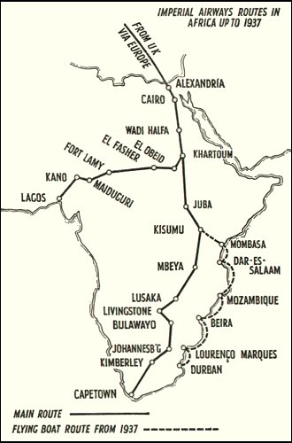 Lignes d'Imperial Airways vers l'Afrique 1937 (illustration : Pictorial History of BOAC and Imperial Airways Kenneth Munson)