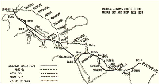 Lignes d'Imperial Airways vers les Indes 1929-1939 (illustration : Pictorial History of BOAC and Imperial Airways Kenneth Munson)
