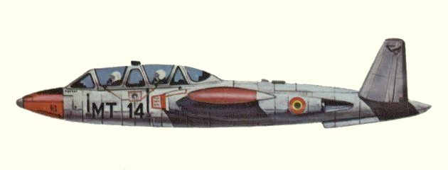 Vue d'un Fouga Magister belge (origine : Fighters, encyclopaedia of world aircraft - Kenneth Munson)