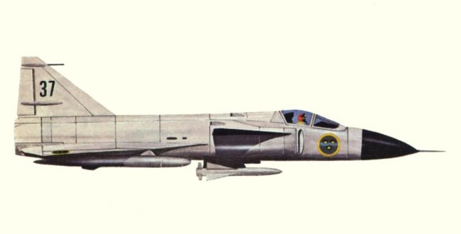 Vue d'un Saab AJ37 Viggen (origine : Fighters, encyclopaedia of world aircraft - Kenneth Munson)