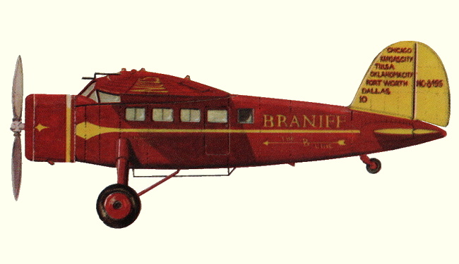 Vue d'un Vega Model DL-1 de la compagnie Braniff Airways (origine : Airliners between the wars 1919-1939 - Kenneth Munson)