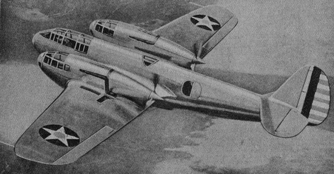 Vue d'un chasseur lourd Bell YFM-1 Airacuda (photo : Science et Vie, janvier 1946)